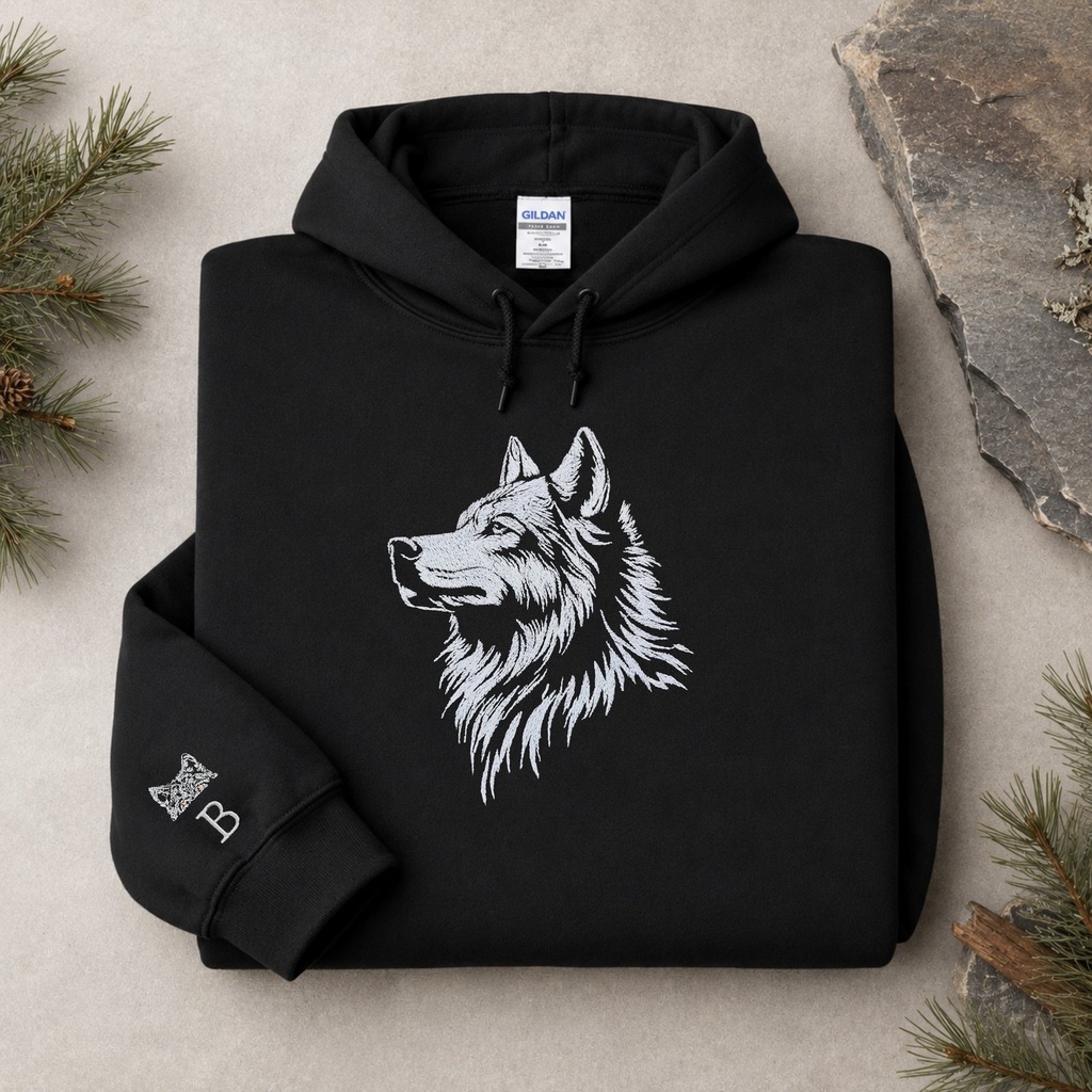 Custom Unisex Embroidered Wolf Hoodie (S)
